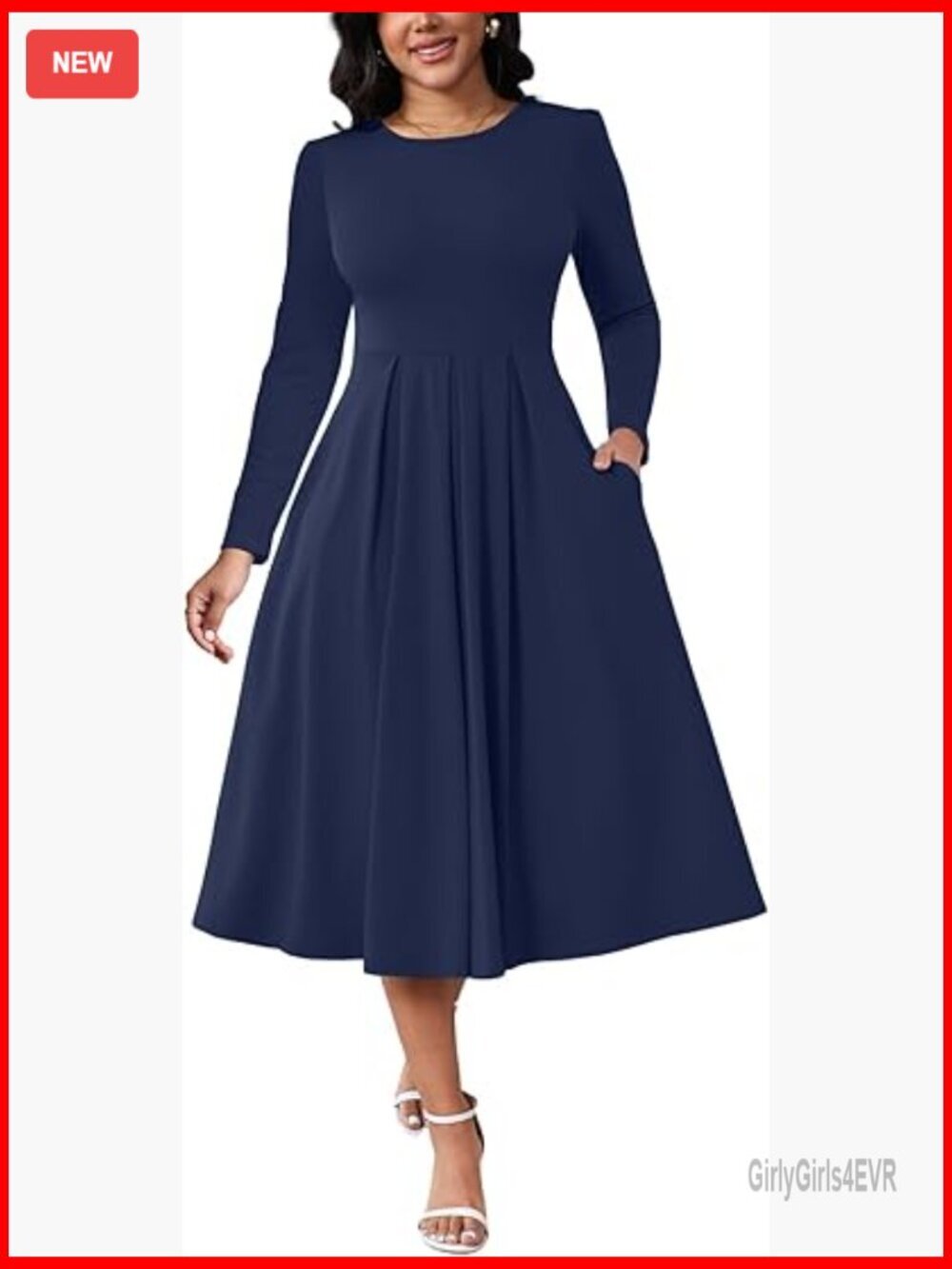 Elegant Long Sleeve Midi Dress A-Line Flare Work Church Party with Pockets